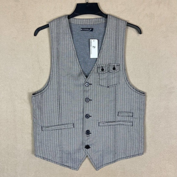 Foreign Exchange Five Button Vest Mens M Gray Herringbone Pattern Pockets NWT - Picture 1 of 10